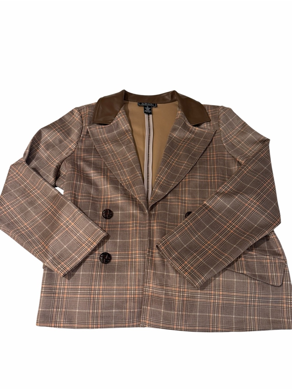 NYCC XL Brown Plaid Double Breasted Faux Leather Collar Blazer